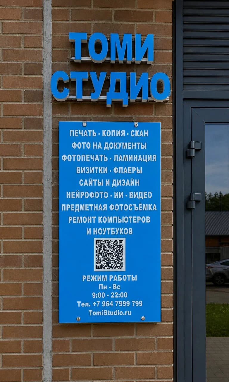 Синяя вывеска «Томи Студио» на кирпичном фасаде дома 13